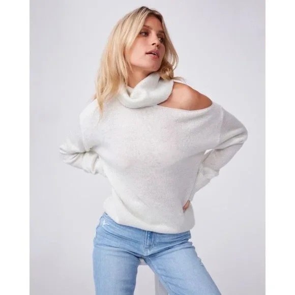 Paige Raundi Cold Shoulder CutOut Metallic Lurex Knit Relaxed Turtleneck Sweater - Picture 11 of 16